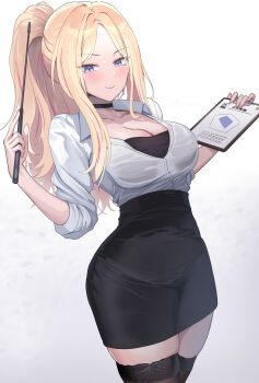1girl black_choker black_skirt black_thighhighs blonde_hair blue_eyes blush breasts choker clipboard closed_mouth collared_shirt commentary gakuen_idolmaster highres holding holding_clipboard idolmaster juo_sena large_breasts long_hair long_sleeves looking_at_viewer ponytail shirt shirt_tucked_in shougun_(chuckni1) simple_background skirt smile solo thighhighs white_shirt