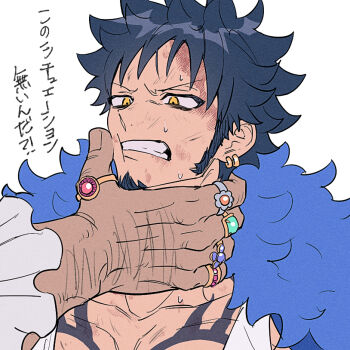 2boys arm_hair black_hair blood blood_on_face blue_coat blue_gemstone chest_tattoo clenched_teeth coat coat_on_shoulders collarbone commentary_request earrings facial_hair fur-trimmed_coat fur_trim gem goatee gold_earrings gold_ring green_gemstone hand_on_another&#039;s_neck jewelry male_focus marshall_d._teach multiple_boys multiple_rings one_piece ornate_ring red_gemstone ring short_hair sideburns simple_background solo_focus sweat tank_top tattoo teeth thumb_ring trafalgar_law translation_request upper_body v-shaped_eyebrows white_background white_tank_top yakumo_(ykm) yellow_eyes