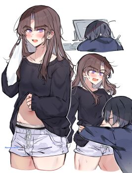 2boys absurdres ayase_ayato_(imamiya_pinoko) bad_source black_hair black_sweater blush brown_hair collarbone faceless faceless_male fang glasses grey_pants highres hug imamiya_pinoko long_hair long_sleeves looking_at_another looking_at_viewer male_focus multiple_boys navel open_mouth original pants parted_bangs purple_eyes short_hair sweatdrop sweater thick_eyebrows trap twitter_username