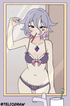 1girl absurdres blush bra breasts chest_jewel female_focus highres hololive hololive_english indoors koseki_bijou medium_breasts mirror momseki_(koseki_bijou) panties purple_hair self-upload sink solo tagme teliodraw toothbrush twitter_username underwear virtual_youtuber