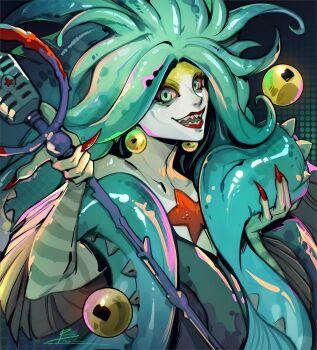 1girl birmit colored_sclera green_hair grin hades_(series) hades_2 highres long_hair looking_at_viewer microphone monster_girl open_mouth scylla_(hades) sharp_teeth smile solo teeth tentacle_hair