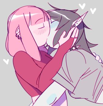 2girls adventure_time belt black_hair black_shirt blush collar colored_skin ear_piercing grey_shirt grey_skin hand_on_another's_cheek hand_on_another's_face heart highres hug kiss long_hair long_sleeves marceline_abadeer multiple_girls piercing pink_hair pointy_ears princess_bonnibel_bubblegum red_shirt shirt sleeveless spiked_collar spikes steemyart yuri