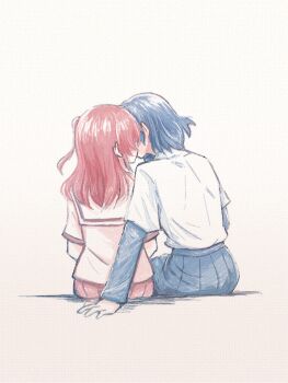 2girls arm_behind_back blue_hair blue_skirt blush bocchi_the_rock! couple hands_on_lap kiss kita_ikuyo leaning_forward long_sleeves medium_hair multiple_girls pleated_skirt red_hair school_uniform shirt short_hair short_sleeves sitting skirt white_background white_shirt yakaze_(yakaze1604) yamada_ryo yuri