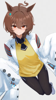 1girl absurdres agnes_tachyon_(tach-nology)_(umamusume) agnes_tachyon_(umamusume) ahoge animal_ears black_necktie black_pantyhose blush breasts brown_hair chemical_structure closed_mouth coat commentary earrings english_commentary hair_between_eyes hexz highres horse_ears horse_girl jewelry lab_coat long_sleeves looking_at_viewer medium_hair necktie no_tail pantyhose red_eyes shoes short_necktie single_earring sleeves_past_fingers sleeves_past_wrists smile solo sweater sweater_vest test_tube umamusume white_coat wolf_cut yellow_sweater yellow_sweater_vest