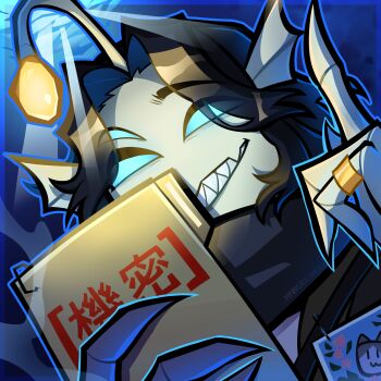 1boy anglerfish_boy black_hair blue_background blue_eyes commentary_request extra_eyes fang file fins fish_boy grin haruccino3 head_fins highres holding illicium jewelry looking_at_viewer male_focus monster_boy pressure_(roblox) ring roblox sebastian_solace sharp_teeth short_hair skin_fang smile solid_eyes solo teeth underwater