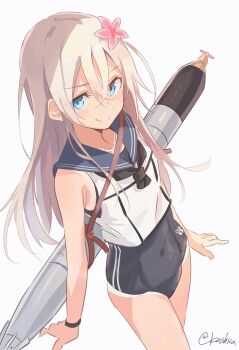 1girl absurdres blonde_hair blue_eyes blush breasts crop_top flower hair_flower hair_ornament highres japanese_flag kantai_collection koshka_pic long_hair looking_at_viewer nontraditional_school_swimsuit one-piece_swimsuit one-piece_tan ro-500_(kancolle) sailor_collar school_swimsuit school_uniform serafuku smile solo swimsuit swimsuit_under_clothes tan tanline torpedo twitter_username white_background