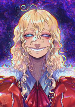Rule 34 | 1boy, blackberreh-art, blonde hair, bow, curly hair, design speculation, distortion (tma), eyelashes, grin, highres, long hair, male focus, michael shelley, monster boy, pointy ears, psychedelic, sharp teeth, shirt, smile, solo, teeth, the magnus archives