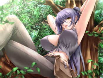 1girl 7_online against_tree armpits arms_behind_head bag belt blue_hair breasts camisole covered_erect_nipples crossed_legs day female_focus forest front-tie_top g.j? game_cg hair_over_one_eye hair_ribbon huge_breasts in_tree large_breasts leaf lipstick long_hair makeup mature_female midriff nature neev no_bra ogushi_yuniko outdoors pants ponytail reclining ribbon sano_toshihide satchel shichinin_no_online_gamers sitting sitting_in_tree smile solo tree very_long_hair yellow_eyes