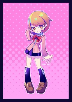 1girl absurdres artist_name black_border black_skirt black_socks blush blush_stickers border bow bowtie brown_eyes brown_hair brown_shoes cardigan choker collared_shirt flipped_hair full_body gradient_background hashtag-only_commentary heart heart_choker heart_print highres kneehighs long_sleeves looking_at_viewer loose_bowtie miniskirt parted_lips persona persona_3 pink_background pink_cardigan pinkpio1 pleated_skirt polka_dot polka_dot_background print_socks red_bow red_bowtie ribbed_cardigan shirt shoes short_hair skirt smile socks solo standing star_(symbol) star_in_eye symbol_in_eye takeba_yukari white_choker white_shirt zipper