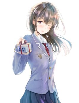 1girl blue_jacket blue_skirt box breasts brown_eyes brown_hair commentary_request cowboy_shot crossed_bangs gift gift_box hair_between_eyes highres holding holding_gift incoming_gift jacket kototomari long_hair long_sleeves looking_at_viewer necktie one_eye_closed open_mouth original red_necktie simple_background skirt small_breasts solo striped_clothes striped_necktie white_background