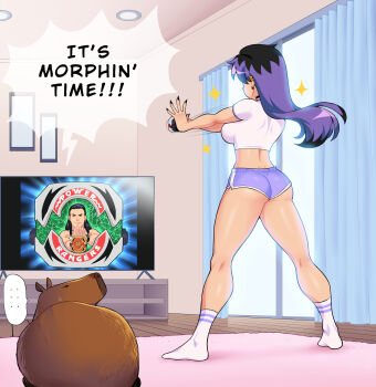 ... 1boy 1girl absurdres animal ass black_hair black_nails breasts capybara ceiling ceiling_light choker curtains dino_buckler ear_piercing earrings from_behind green_shirt highres holding jewelry large_breasts long_hair midriff mighty_morphin_power_rangers multicolored_hair original picture_frame piercing power_rangers purple_hair purple_shorts shirt short_shorts short_sleeves shorts sidney&#039;s_capybara_(zeshgolden) sidney_(zeshgolden) socks sparkle speech_bubble spoken_ellipsis standing sweatdrop tank_top television tommy_oliver two-tone_hair watching_television white_shirt white_socks window zeshgolden