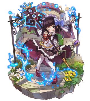 1girl black_hair blue_bow blush bow building collared_dress commentary_request dress flower full_body hair_bow head_tilt holding holding_staff lamppost long_sleeves maid_headdress merc_storia merc_storia_art_team official_art one_eye_closed open_mouth raised_inner_eyebrows red_ribbon red_shoes ribbon shoes simple_background solo staff standing stone_floor sue_(merc_storia) tachi-e tareme thighhighs transparent_background wavy_mouth white_flower white_thighhighs wind wind_lift yellow_flower