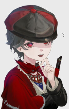 Rule 34 | 1girl, :d, black coat, black hat, capelet, coat, commentary request, fangs, flute, grey background, grey hair, hand on own chin, hand up, hat, highres, holding, holding flute, holding instrument, instrument, looking at viewer, masei shibou, newsboy cap, notice lines, open mouth, red capelet, red eyes, reverse:1999, rubuska, short hair, smile, solo, stroking own chin, teeth, tongue, upper body, upper teeth only