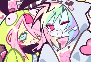 2girls :3 :d alternate_costume animal_ears animal_hood antonymph aqua_eyes blue_skin blush_stickers cameo cat_hood colored_skin commentary cosplay crybabybuno domo-kun english_commentary fake_animal_ears fang fluttershy fluttershy_(equestria_girls) gir_(dog_costume)_(invader_zim) gir_(invader_zim) gir_(invader_zim)_(cosplay) green_hoodie grey_hoodie hair_over_one_eye heart highres hood hood_up hoodie invader_zim lol_comics long_hair looking_at_viewer multicolored_hair multiple_girls my_little_pony my_little_pony:_equestria_girls my_little_pony:_friendship_is_magic nyan_cat nyan_cat_(cosplay) one_eye_closed open_mouth personification pink_eyes pink_hair rainbow_dash rainbow_dash_(equestria_girls) rainbow_hair scene_cut scene_fashion single_blush_sticker skin_fang skull smile swept_bangs vylet_pony yellow_skin zipper