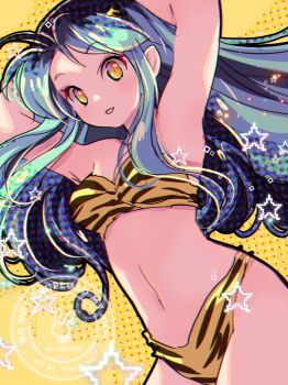 1girl absurdres animal_print aqua_hair arms_behind_head artist_name bikini breasts cleavage highres horns koge_donbo long_hair lum medium_breasts midriff navel orange_eyes parted_bangs parted_lips pointy_ears print_bikini sidelocks smile solo swimsuit tiger_print upper_body urusei_yatsura yellow_background yellow_bikini