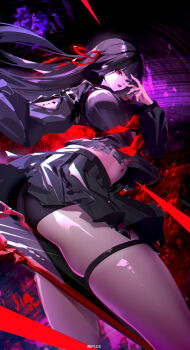 1girl absurdres alternate_breast_size_(larger) arm_cutout ass bike_shorts black_hair black_serafuku black_shirt black_skirt breasts chisa_(wuthering_waves) clothing_cutout commentary_request crop_top feet_out_of_frame fingernails hair_ribbon hand_up highres holding holding_sword holding_weapon large_breasts long_hair long_sleeves looking_at_viewer looking_to_the_side navel neckerchief open_mouth red_eyes red_neckerchief red_ribbon ribbon school_uniform serafuku shirt shou_xian_wu skirt solo stomach sword tacet_mark_(wuthering_waves) thigh_strap thighs weapon wuthering_waves