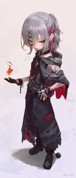 1girl ball_and_chain_restraint bandaid bandaid_on_face belt black_dress chishibuki_hiyoko colored_inner_hair commentary_request dress fire full_body gauze grey_background grey_hair hair_ornament hand_on_own_hip highres hood hood_down jewelry looking_at_viewer magical_girl mahou_shoujo_no_majo_saiban multicolored_hair nail_polish pyrokinesis red_eyes red_nails ring shito_alisa short_hair smile solo standing streaked_hair tongue tongue_out torn_clothes torn_dress x_hair_ornament