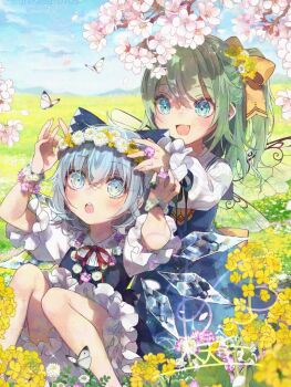 2girls artist_name at_field blue_dress blue_eyes blue_hair blue_sky bug butterfly cherry_blossoms cirno daiyousei detached_wings diamond-shaped_pupils diamond_(shape) dress duplicate field flower flower_field flower_ring flower_wreath frilled_sleeves frills green_hair hair_between_eyes hair_flower hair_ornament hair_ribbon hand_on_another's_head ice ice_wings insect knees_up long_hair medium_hair mountain multiple_girls open_mouth outdoors pinafore_dress pink_flower ponytail red_ribbon ribbon signature sitting sky sleeveless sleeveless_dress symbol-shaped_pupils teeth touhou toutenkou tree twitter_username under_tree upper_teeth_only watermark wings yellow_flower yellow_ribbon
