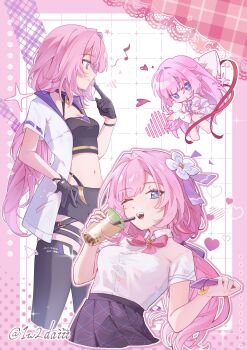1girl 1w2daiii absurdres black_gloves black_skirt blue_eyes breasts bubble_tea chibi commentary crop_top cup disposable_cup elysia_(honkai_impact) english_commentary flower gloves hair_flower hair_ornament heart highres holding holding_cup honkai_(series) honkai_impact_3rd jacket long_hair medium_breasts midriff multiple_views navel official_alternate_costume pink_hair shirt skirt very_long_hair white_jacket white_shirt