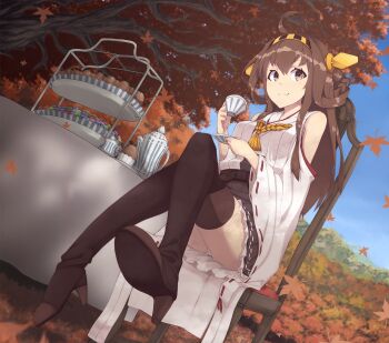 10s 1girl ahoge autumn autumn_leaves bare_shoulders black_skirt blue_sky boots breasts brown_eyes brown_hair chair coffee_pot crossed_legs cup cupcake day detached_sleeves dutch_angle female_focus food from_below full_body hair_ornament hairband headgear high_heel_boots high_heels highres holding holding_cup kantai_collection kongou_(kancolle) leaf long_hair long_sleeves looking_at_viewer medium_breasts miniskirt mku nontraditional_miko outdoors panties panty_peek ribbon-trimmed_sleeves ribbon_trim saucer shoe_soles sitting skirt sky smile solo sweets table tablecloth tea_set teacup thigh_boots thighhighs tiered_tray tree underwear wide_sleeves