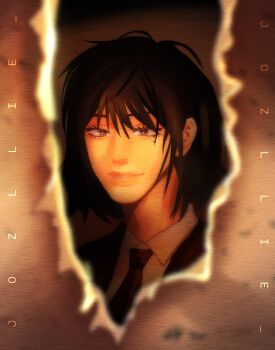 1girl black_coat black_eyes black_hair black_necktie blurry blurry_foreground bob_cut burning burning_paper coat collared_shirt glowing han_sooyoung hashtag-only_commentary highres jozllie looking_at_viewer mole mole_under_eye necktie omniscient_reader's_viewpoint portrait pov shirt short_hair smile solo white_shirt