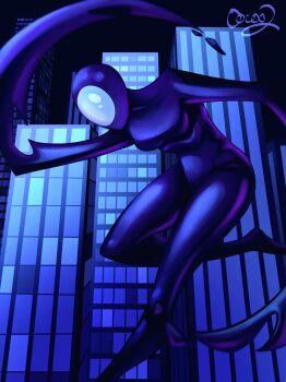 1girl absurdres arm_up artist_name bald batman_(series) batman_beyond black_skin breasts building city colored_skin completely_nude dc_comics dcau dripping faceless faceless_female foot_out_of_frame foot_up full_body highres inque jumping knee_up leaning leaning_forward looking_down medium_breasts monster_girl night night_sky no_ears no_eyes no_mouth no_nipples no_nose nude oocooartistry ribs shapeshifter signature sky skyscraper slime_girl tentacle_arm tentacles thighs window