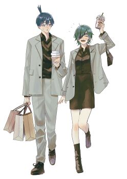 1boy 1girl bag black_bag black_shirt black_shoes black_skirt black_socks blue_eyes blush breasts chainsaw_man closed_eyes collared_shirt commentary_request cup disposable_coffee_cup disposable_cup eyepatch formal_clothes full_body grey_jacket grey_pants grey_suit hair_between_eyes handbag hayakawa_aki highres himeno_(chainsaw_man) holding holding_bag holding_cup ice_morinaka jacket looking_at_another medium_breasts open_mouth pants ponytail shirt shoes shopping_bag short_hair short_ponytail skirt smile socks suit suit_jacket sweatdrop walking