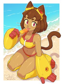 1girl absurdres alternate_costume animal_ears beach bikini breasts cat_ears cat_girl cat_tail cleavage curvy dark-skinned_female dark_skin gameoverse gauntlets goggles goggles_on_head highres kit_bodega looking_at_viewer meircmei official_alternate_costume red_eyes signature swimsuit tail tan whiskers wide_hips yellow_bikini yellow_gauntlets
