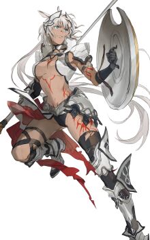 Rule 34 | 1girl, absurdres, animal ears, armlet, armor, armored boots, asymmetrical gloves, bikini, black bikini, black gloves, black thighhighs, blue eyes, body markings, boots, breasts, caenis (fate), caenis (second ascension) (fate), clenched hand, dark-skinned female, dark skin, elbow gloves, fate/grand order, fate (series), full body, gauntlets, gloves, grin, headpiece, highres, holding, holding polearm, holding shield, holding weapon, horse ears, jewelry, leg up, long hair, looking up, medium breasts, mimulishizi, parted lips, pauldrons, polearm, ponytail, shield, shoulder armor, silver boots, simple background, single thighhigh, smile, solo, spear, swimsuit, thigh strap, thighhighs, torn clothes, torn thighhighs, uneven gloves, waist cape, weapon, white background, white hair