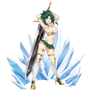 1girl :d armpits arms_behind_head breasts cleavage cross-laced_bra crystal dolphin_wave game_cg garter_straps gladiator green_eyes green_skirt grey_hair harunami_anri high_heels highres holding holding_behind_back holding_sword holding_sword_behind_back holding_weapon holding_weapon_behind_back huge_weapon large_breasts looking_at_viewer medium_hair microskirt navel non-web_source official_art ootomo_takuji open_mouth ponytail single_garter_strap skirt smile solo sword thighhighs transparent_background weapon