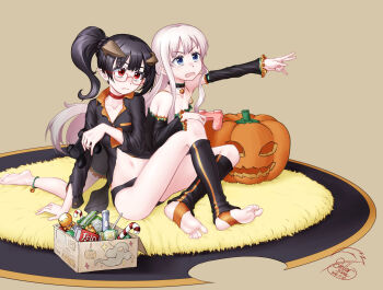 Rule 34 | 2girls, barefoot, black hair, blonde hair, blue eyes, feet, food, glasses, halloween, highres, horns, jack-o'-lantern, long hair, multiple girls, open mouth, original, pointy ears, red eyes, side ponytail, soles, stellarxiela2, stirrup legwear, sweets, toeless legwear, toes