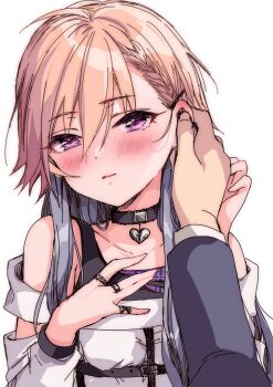 1boy 1girl black_jacket blush chest_harness choker closed_mouth collarbone ear_blush grabbing_another&#039;s_ear grey_hair hair_between_eyes half-closed_eyes hand_on_another&#039;s_ear hand_on_own_chest harness heart heart_choker highres idolmaster idolmaster_cinderella_girls jacket jewelry light_brown_hair long_hair long_sleeves looking_at_viewer messy_hair multicolored_hair ninomiya_asuka nuno_kire pov pov_hands producer_(idolmaster) purple_eyes ring shirt sidelocks two-tone_hair upper_body white_background white_shirt