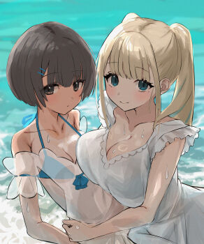 2girls absurdres aqua_eyes beach bfmelu bikini blonde_hair blue_bikini bob_cut breast_press breasts brown_eyes brown_hair cleavage collarbone dress expressionless frilled_dress frills front-tie_bikini_top front-tie_top hair_ornament hairclip highres hug large_breasts light_blush long_hair looking_at_viewer multiple_girls ocean one-piece_tan original sagging_breasts see-through_clothes see-through_dress short_hair skinny small_breasts smile strapless strapless_dress sweat swimsuit swimsuit_under_clothes tan tanline twintails water wet white_dress