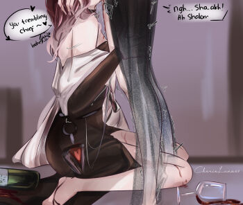 2girls alcohol artist_name black_dress bottle cherie_luna chief_(path_to_nowhere) commentary cunnilingus cup dress drinking_glass english_commentary english_text female_chief_(path_to_nowhere) hand_on_another&#039;s_thigh heart highres kneeling multiple_girls off-shoulder_dress off_shoulder oral path_to_nowhere red_wine shalom_(path_to_nowhere) speech_bubble standing standing_cunnilingus wine wine_bottle wine_glass yuri