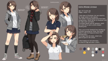 1girl ;) arm_up backpack bag bangs_pinned_back black_jacket black_pantyhose black_shirt blue_skirt breasts breath brown_eyes brown_hair brown_shoes character_profile closed_mouth collared_shirt color_guide commentary crossed_arms drawstring english_commentary english_text food fringe_trim grey_background grey_jacket grey_shoes hands_in_pockets highres holding holding_bag holding_food jacket medium_breasts multiple_views ndtwofives one_eye_closed open_clothes open_jacket open_mouth original pantyhose paper_plate pizza pizza_slice plate pleated_skirt scarf school_uniform shirt shoes simple_background skirt smile sneakers striped_clothes striped_scarf twitter_username unworn_bag v-shaped_eyebrows white_shirt