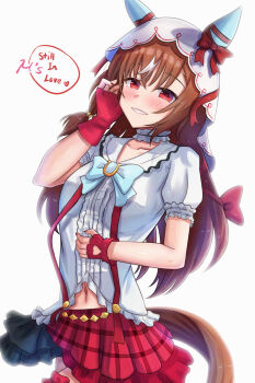 Rule 34 | 1girl, alternate costume, animal ears, bokura wa ima no naka de, breasts, brown hair, closed mouth, collarbone, commentary request, fingerless gloves, fingernails, gloves, highres, horse ears, lio (maguri), looking at viewer, love live!, navel, red eyes, simple background, sleeveless, small breasts, solo, still in love (umamusume), suspenders, umamusume, veil, white background