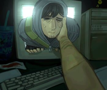 bag black_eyes black_gloves black_hair climbing computer computer_keyboard cry_of_fear crying crying_with_eyes_open cup dim_lighting emoji facial_hair fingerless_gloves gloves goatee_stubble grey_hoodie hair_between_eyes hand_on_another's_face highres hood hood_up hoodie leaning_on_person looking_at_viewer monitor multiple_scars on_television one_eye_closed scar scar_on_arm short_hair shoulder_bag simon_henriksson stubble tears viewer_self-insert wrist_cutting zipper zonicosz