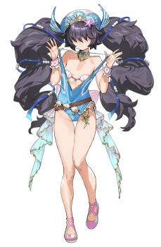 Rule 34 | 1girl, alastor (megido72), bikini, black hair, breasts, casual one-piece swimsuit, clothes pull, expressionless, full body, hair ornament, hair over eyes, highres, long hair, megido72, one-piece swimsuit, one-piece swimsuit pull, small breasts, solo, soosaresu, swimsuit, thigh gap, twintails, very long hair