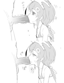 1boy 1girl age_difference bikini braid cum decensored fellatio flat_chest genshin_impact greyscale hair_ornament hand_on_own_hip healthyman hetero highres implied_ejaculation loli long_hair looking_at_penis mihoyo monochrome nipples oral penis qiqi_(genshin_impact) saliva swallowing swimsuit testicles third-party_edit uncensored