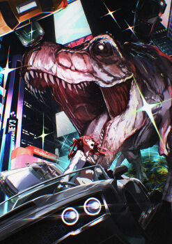 1girl absurdres auftakt218 building car chasing chromatic_aberration city commentary convertible crop_top dinosaur english_commentary flying_car hershey's highres lab_coat lapels long_hair looking_back motor_vehicle new_york_city night open_mouth original portal_(object) real_world_location red_hair saliva science_fiction sharp_teeth sparkle steering_wheel taxi teeth time_travel times_square two_side_up tyrannosaurus_rex