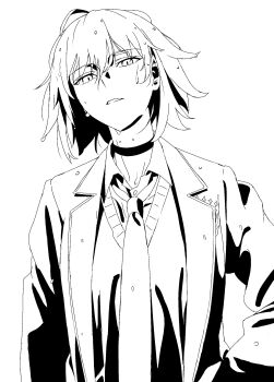 1girl absurdres cardigan choker collared_shirt earrings echidna430 fate/grand_order fate_(series) hand_on_own_hip head_tilt highres id_(fate/grand_order) jeanne_d&#039;arc_alter_(fate) jewelry lapels long_sleeves looking_at_viewer necktie notched_lapels shirt solo upper_body wet wet_clothes wet_hair