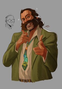 1boy :d belt blazer brown_hair cleft_chin collared_shirt commentary disco_elysium double_finger_gun english_commentary facial_hair finger_gun green_jacket grin hair_slicked_back harry_du_bois highres horrific_necktie jacket kim_kitsuragi male_focus mullet mutton_chops nurve26 open_mouth pointing pointing_at_viewer raised_eyebrow shirt shirt_tucked_in smile white_shirt