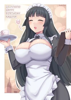 1girl absurdres alternate_costume apron black_dress black_hair blunt_bangs blush breasts character_name cleavage closed_eyes dated dress frilled_apron frills happy_birthday highres hime_cut holding kaguya_jingu large_breasts long_hair maid_apron maid_headdress official_alternate_costume open_mouth smile solo soukitsu tray under_night_in-birth under_night_in-birth_2_sys:celes very_long_hair white_apron white_headdress wrist_cuffs