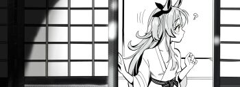 1girl ? animal_ears bow brown_eyes ear_ribbon greyscale highres horse_ears horse_girl indoors japanese_clothes kimono kunitoro_(artist) looking_to_the_side mayano_top_gun_(umamusume) monochrome sash solo spot_color umamusume