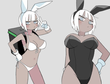 1girl abe_tomomi animal_ears bag bikini black_skin blue_eyes blush colored_skin gloves highres original playboy_bunny rabbit_ears short_hair swimsuit tan white_bikini white_gloves white_hair