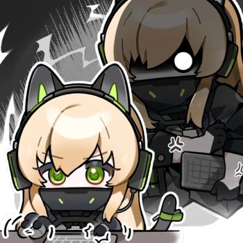 Rule 34 | 1girl, animal ear headphones, animal ears, artist request, blonde hair, cat ear headphones, cat ears, computer keyboard, computer mouse, different zoom layer, fake animal ears, girls' frontline, girls' frontline 2: exilium, green eyes, harpsy (girls' frontline 2), headphones, high collar, lowres, official art, second-party source, solo, tail, tmp (girls' frontline)