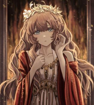 1girl astra_(aaastraaaa) bare_shoulders blue_eyes brown_hair clenched_hand closed_mouth cropped dress fiery_background fire hands_up highres laurel_crown long_hair marcus_(reverse:1999) mole mole_under_eye official_alternate_costume red_robe reverse:1999 robe solo upper_body white_dress