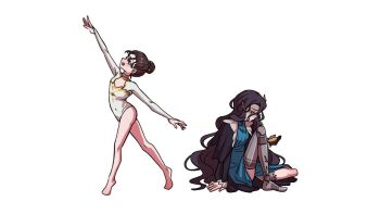 Rule 34 | 2girls, :d, aged down, arm up, athletic leotard, black hair, blue dress, blue eyes, dress, from side, haihaiera, hair bun, knee up, legs apart, leotard, long hair, looking at hand, multiple girls, open mouth, profile, prosthesis, prosthetic leg, reverse:1999, short hair, sitting, smile, time paradox, white background, white leotard, willow (reverse:1999)