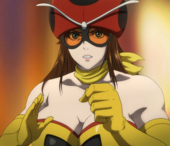 1girl anime_screenshot ascot bare_shoulders blue_eyes breasts brown_hair clenched_hand collarbone elbow_gloves electro_wave_human_tackle female_focus gloves goggles helmet highres kamen_rider kamen_rider_stronger_(series) large_breasts looking_at_viewer parted_lips portrait red_helmet shirt solo stitched strapless strapless_shirt teeth third-party_edit toujima_tanzaburou_wa_kamen_rider_ni_naritai upper_body yellow_ascot yellow_gloves yuriko_okada