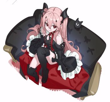 1girl arukanu bare_shoulders bat_(animal) black_cape black_couch black_dress black_ribbon black_thighhighs boots bow buttons cape collar commentary_request couch detached_collar detached_sleeves diamond_hair_ornament double-breasted double-parted_bangs dress fang frilled_sleeves frills from_above full_body highres knee_up krul_tepes long_hair looking_at_viewer looking_up neck_ribbon on_couch owari_no_seraph pink_hair pointy_ears red_bow red_cape red_eyes red_ribbon ribbon sidelocks simple_background smile teardrop_cutout thigh_boots thighhighs two-tone_cape two_side_up uito_yzwa vampire very_long_sleeves white_background white_collar wide_sleeves